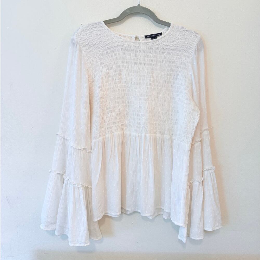 American Eagle white smocked ruffle sleeve blouse size L